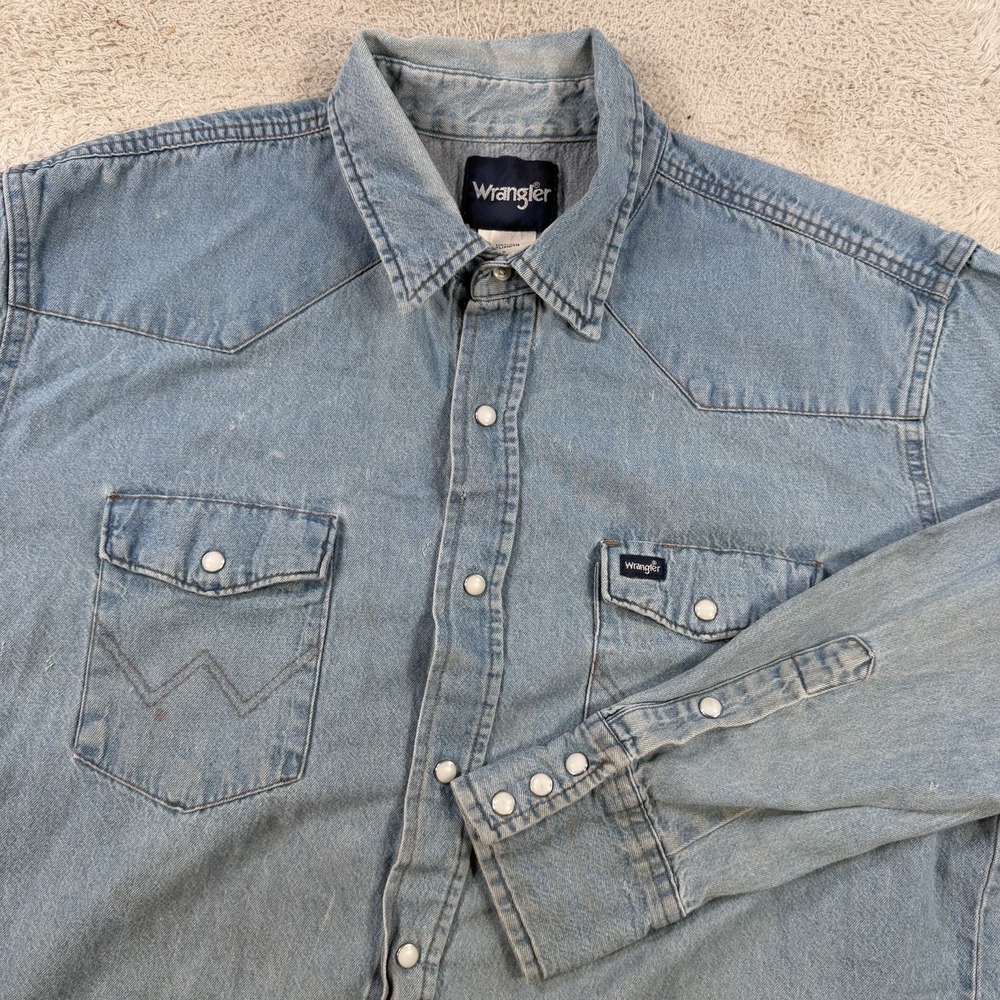 VTG Wrangler Shirt Men XL Blue Denim Pearl Snap Western Cowboy Rodeo Long Sleeve